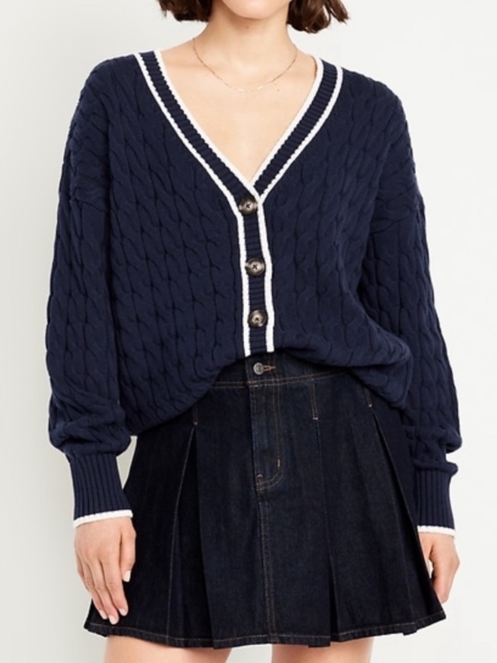 NWT Old Navy Navy Cable-Knit Button Cardigan with Cream Trim